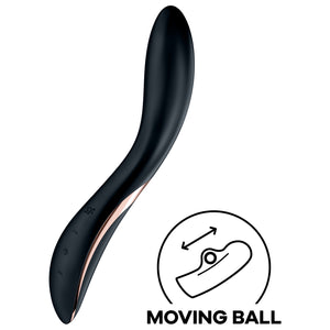 Satisfyer Rrrolling Explosion Vibrator with controls visible at the lower front of the product marked by -, + and horizontal wave, above the controls is engraved SF logo. On the bottom right of the image is an icon for Moving Ball.