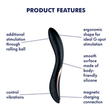 Load image into Gallery viewer, Satisfyer Rrrolling Explosion Vibrator Product Features (clockwise): ergonomic shape for ideal G-spot stimulation (pointing to top of product); smooth surface made of body-friendly silicone (pointing to black material on product); magnetic charging connection (pointing to bottom of product); control vibrations (pointing to controls on bottom right); additional stimulation through rolling ball (pointing to top left of product).