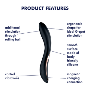 Satisfyer Rrrolling Explosion Vibrator Product Features (clockwise): ergonomic shape for ideal G-spot stimulation (pointing to top of product); smooth surface made of body-friendly silicone (pointing to black material on product); magnetic charging connection (pointing to bottom of product); control vibrations (pointing to controls on bottom right); additional stimulation through rolling ball (pointing to top left of product).