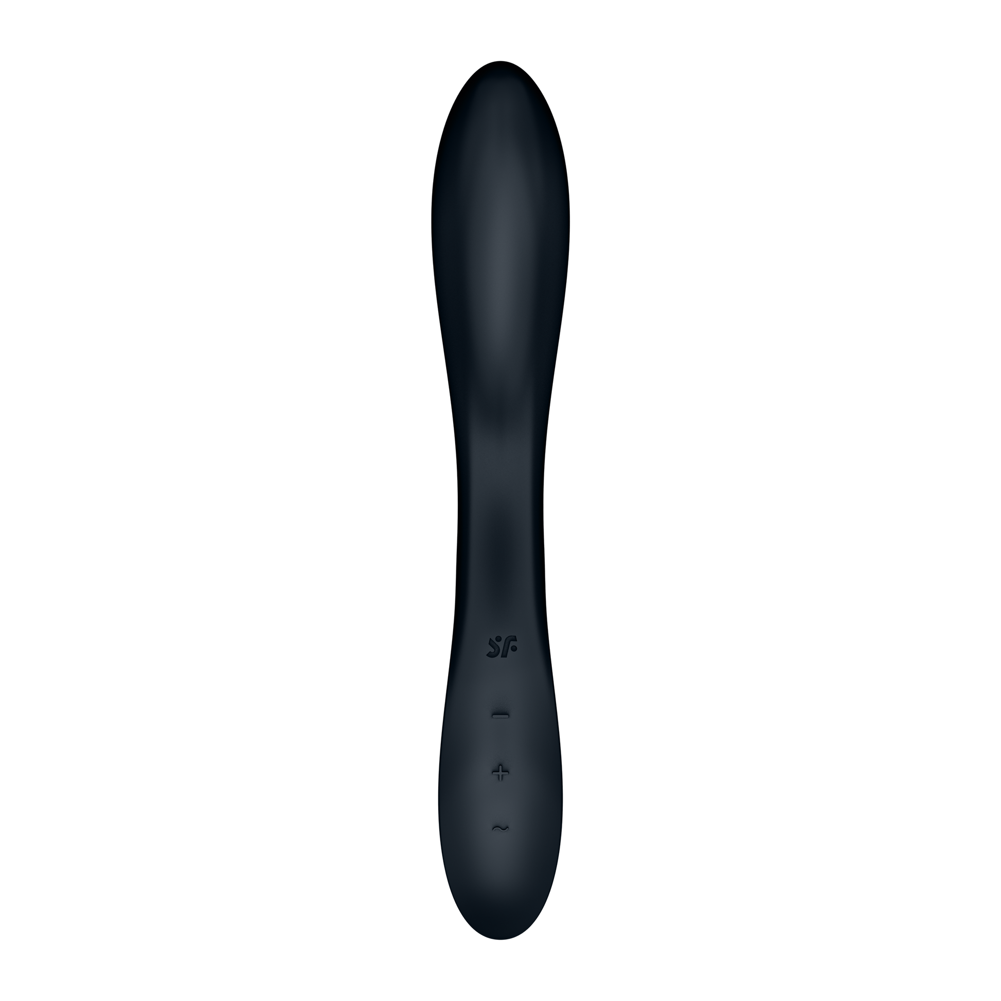 Front of the Satisfyer Rrrolling Explosion Vibrator, on the lower part of the product is engraved the SF logo, below are the controls top to bottom is the intensity controls marked by - and +, and the horizontal wave button controlling the vibration programme.