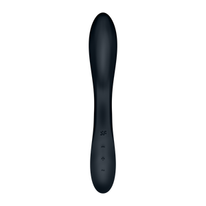 Front of the Satisfyer Rrrolling Explosion Vibrator, on the lower part of the product is engraved the SF logo, below are the controls top to bottom is the intensity controls marked by - and +, and the horizontal wave button controlling the vibration programme.