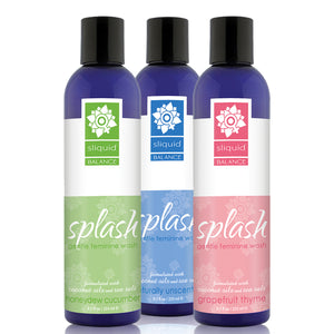 A set of Sliquid Balance Splash gentle feminine wash formulated with coconut oils and Sea Salt 8.5 fl oz / 255 ml (left to right): honeydew cucumber, naturally unscented (middle back), and grapefruit thyme.