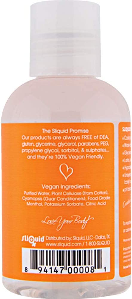 The Sliquid Promise: Our products are always FREE of DEA gluten, gycerine, glycerol, parabens, PEG, propylene glycol, sorbitol, & sulphates and they're 100% Vegan Friendly. Vegan Ingredients: Purified Water, Plant Cellulose (from Cotton), Cyamposis (Guar Conditioners), Food Grade Menthol, Potassium Sorbate, Citric Acid. Love your body. sliquid distributed by: sliquid LLC-Dallas, TX www.sliquid.com / 1-800-SLIQUID. Barcode: 8 94147 00008 1