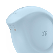 Load image into Gallery viewer, Close up of the upper back side of the Satisfyer Sugar Rush Air Pulse Stimulator, on the top are the controls partially visible, on the side of the product is the engraved SF logo, and on the upper back is the charging port.
