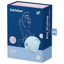Load image into Gallery viewer, Front of the package, from the top are the Satisfyer logos, on the left side is an icon for Air Pulse and Vibration, on the bottom left is written Sugar Rush Air Pulse Stimulator + Vibration, on the right side is the front side of the product facing to the side with the SF logo engraved on the side of the product, and on the bottom right is a 15 year guarantee mark. On the right side of the package is written Air Pulse Stimulator + Vibration, and from the back is a tag sticking out with the SF logo. 