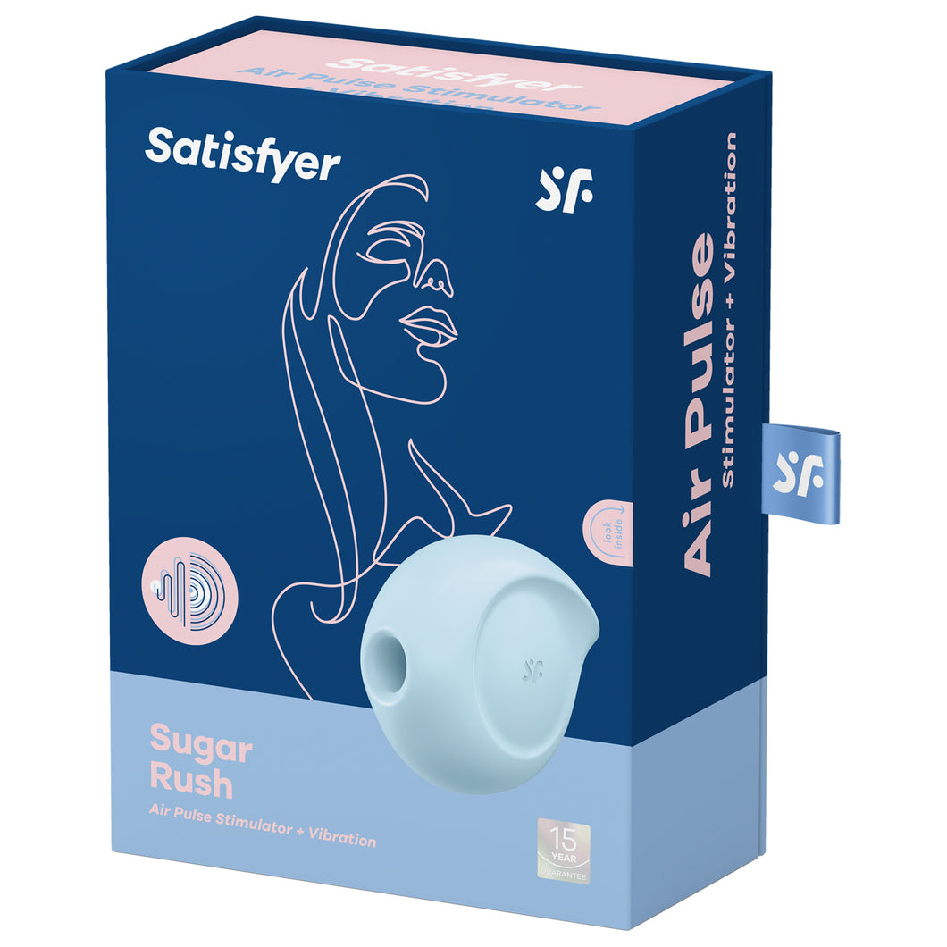 Front of the package, from the top are the Satisfyer logos, on the left side is an icon for Air Pulse and Vibration, on the bottom left is written Sugar Rush Air Pulse Stimulator + Vibration, on the right side is the front side of the product facing to the side with the SF logo engraved on the side of the product, and on the bottom right is a 15 year guarantee mark. On the right side of the package is written Air Pulse Stimulator + Vibration, and from the back is a tag sticking out with the SF logo. 