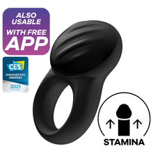 Charger l&#39;image dans la galerie, Also usable with free app, CES Innovation Awards 2021 Honoree. In the middle is the Satisfyer Signet Ring Vibrator. On the bottom right is an icon for Stamina.