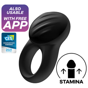 Also usable with free app, CES Innovation Awards 2021 Honoree. In the middle is the Satisfyer Signet Ring Vibrator. On the bottom right is an icon for Stamina.
