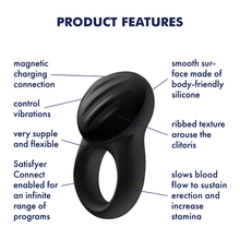 Load image into Gallery viewer, Satisfyer Signet Ring Vibrator Product Features (clockwise): smooth surface made of body-friendly silicone (pointing to front); ribbed texture arouse the clitoris (Pointing to top of product); slows blood flow to sustain erection and increase stamina (pointing to ring); Satisfyer Connect enabled for an infinite range of products (pointing to left side); very supple and flexible (pointing to band ring); control vibrations (pointing to left side); magnetic charging connection (pointing to bottom front).