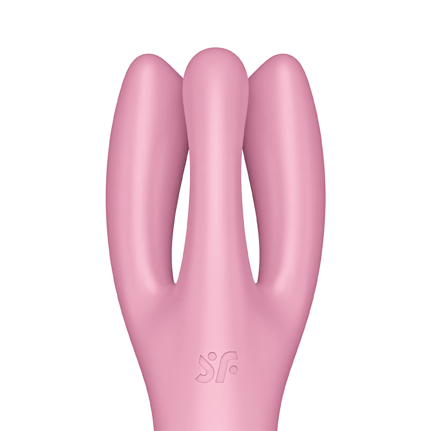 Close up of the 3 arms on the Satisfyer Threesome 3 Vibrator, below is the engraved SF logo.