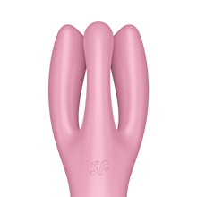 Load image into Gallery viewer, Close up of the 3 arms on the Satisfyer Threesome 3 Vibrator, below is the engraved SF logo.