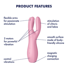 Load image into Gallery viewer, Satisfyer Threesome 3 Vibrator Product Features (clockwise): stimulation of clitoris and labia (pointing to arms of vibrator); smooth surface made of body-friendly silicone (pointing to material); magnetic charging connection (pointing to bottom of product); control vibrations (pointing to the three control buttons on bottom left); 3 motors for powerful vibration (pointing to 3 arms on product); flexible arms for passionate stimulation (pointing to tip of 3 arms on product).