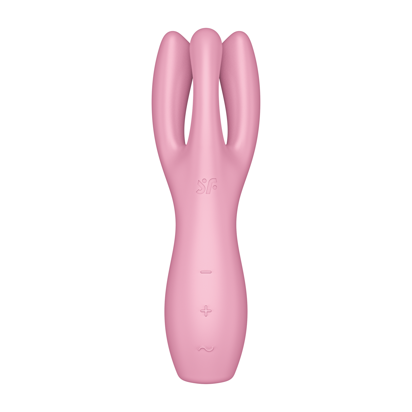 Front of the Satisfyer Threesome 3 Vibrator centre top is the engraved SF logo, below are the control buttons marked by -, +, and a horizontal wave.