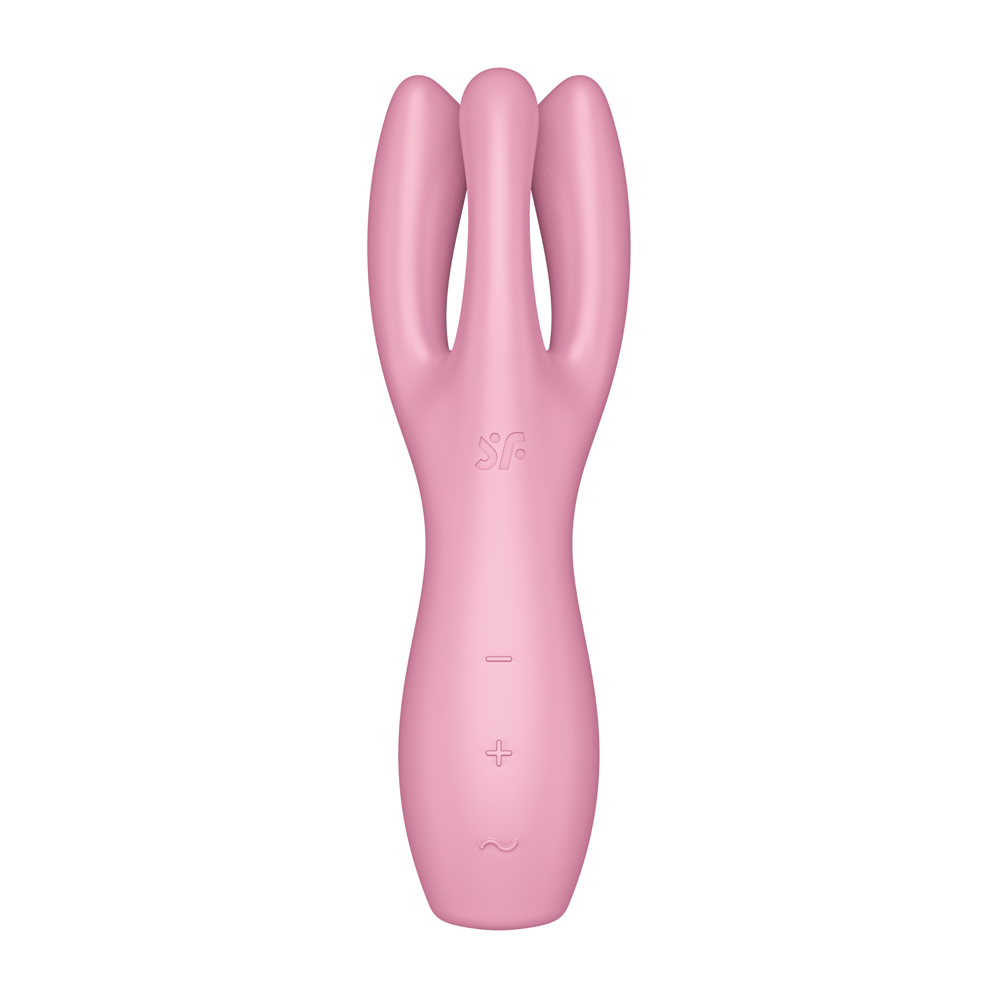 Front of the Satisfyer Threesome 3 Vibrator centre top is the engraved SF logo, below are the control buttons marked by -, +, and a horizontal wave.