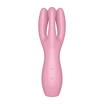 Front of the Satisfyer Threesome 3 Vibrator centre top is the engraved SF logo, below are the control buttons marked by -, +, and a horizontal wave.