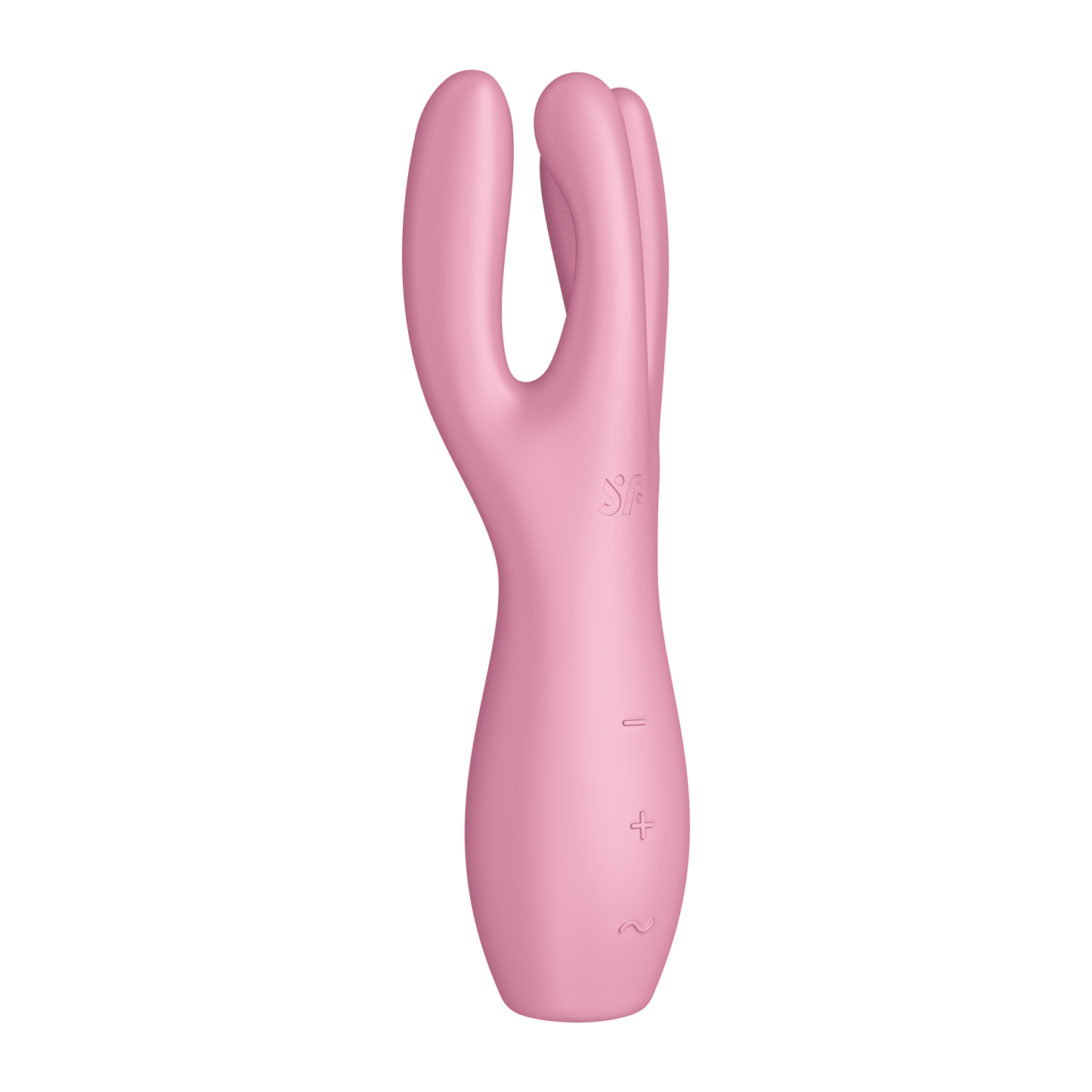 Front left side of the Satisfyer Threesome 3 Vibrator, on the top right is engraved the SF logo, below are the controls marked by -, +, and a horizontal wave.