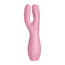 Load image into Gallery viewer, Front left side of the Satisfyer Threesome 3 Vibrator, on the top right is engraved the SF logo, below are the controls marked by -, +, and a horizontal wave.