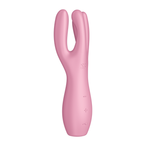 Front left side of the Satisfyer Threesome 3 Vibrator, on the top right is engraved the SF logo, below are the controls marked by -, +, and a horizontal wave.