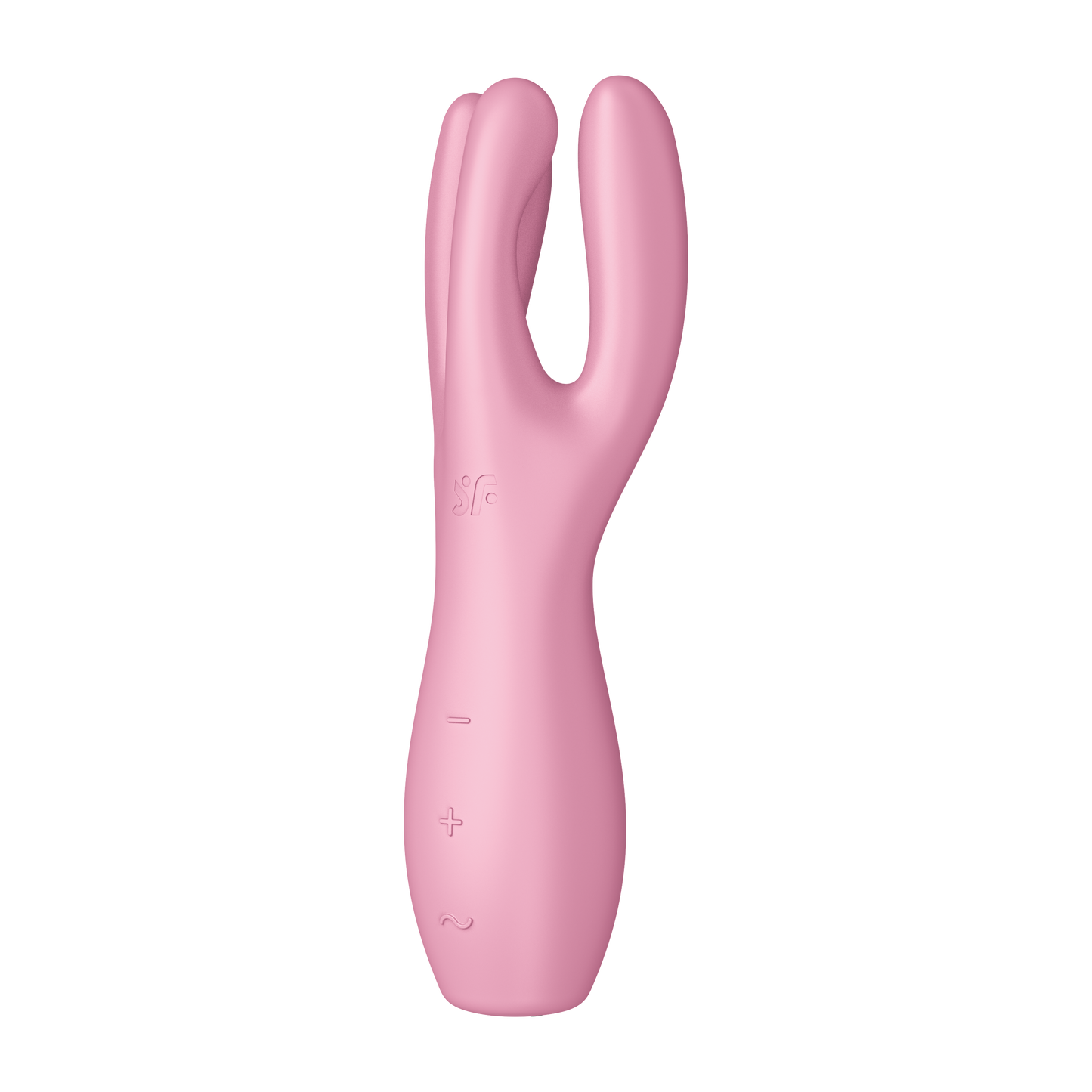 Front right side of the Satisfyer Threesome 3 Vibrator, on the top left on the product is engraved the SF, below are three control buttons -, +, and a horizontal wave.