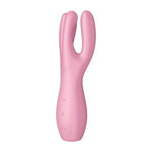 Front right side of the Satisfyer Threesome 3 Vibrator, on the top left on the product is engraved the SF, below are three control buttons -, +, and a horizontal wave.