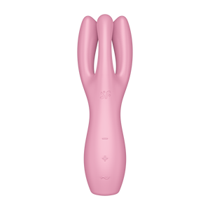 Front of the Satisfyer Threesome 3 Vibrator centre top is the engraved SF logo, below are the control buttons marked by -, +, and a horizontal wave.