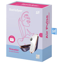 Charger l&#39;image dans la galerie, Front of the package from the top are the Satisfyer logos, on the left side is an icon with a hand bag (indicating travel size), on the bottom left is product name Traveler Air Pulse Stimulator, on the right side is the product facing front side with the cover off, and visible controls. On the bottom right is a mark for 15 year guarantee. On the right side of the package is written Air Pulse Stimulator, and a tag sticking out from the back with the SF logo.