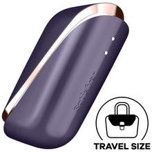 Load image into Gallery viewer, Back side view of the Satisfyer Traveler Air Pulse Stimulator, with the chargin port visible3 to the right on the product, and below is the Satisfyer logo. On the bottom right is an icon for Travel Size.