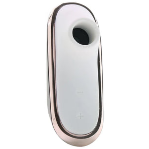 Front of the Satisfyer Traveler Air Pulse Stimulator without the cover. On the lower part of the product are the controls marked by + and -.