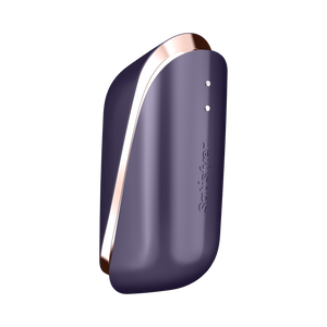 Back Side view of the Satisfyer Traveler Air Pulse Stimulator, with the charging port visible on top, and below is the Satisfyer logo engraved on the product.