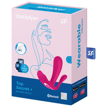 Load image into Gallery viewer, Front of the package from the top are the Satisfyer logos, on the left side is an icon for wearable, below are smart devices + Free App (Indicating compatibility), bottom left is the product name Top Secret + Wearable Vibrator, on the right side is a front side view of the product, on the bottom right is the Bluetooth logo (indicating compatibility), and the 15 year guarantee mark. On the right side of th package is written Wearable Vibrator, below Get your free Satisfyer Connect App.