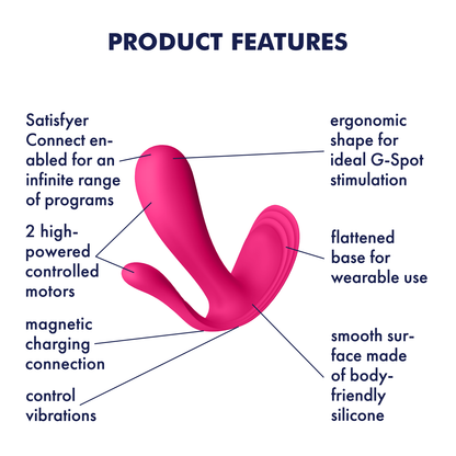 Satisfyer Top Secret + Wearable Vibrator Product Features (clockwise): ergonomic shape for ideal G-Spot Stimulation (pointing to front tip); flattened base for wearable use (pointing to lower back); smooth surface made of body-friendly silicone (pointing to back base); control vibration (pointing behind product); magnetic charging connection (pointing to upper bottom); 2 high-powered controlled motors (pointing to 2 front tips); Satisfyer Connect enabled for an infinite range of programs.