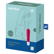 Charger l&#39;image dans la galerie, Front of the package from the top are the Satisfyer logos, on the left side is an icon for vibration, and below is the name of the product Ultra Power Bullet 1 Vibrator, on the right side is the product facing front side, with controls visible on the lower left side of the product, and on the bottom right is a mark for 15 year guarantee. On the right side is written Vibrator, and from the back is a tag with the SF logo.