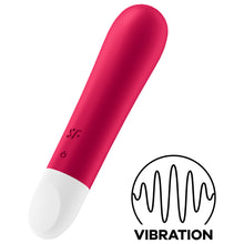 Charger l&#39;image dans la galerie, Front side view of the Satisfyer Ultra Power Bullet 1 Vibrator with the SF logo engraved on the lower left side on the product, and below is the power button. On the right side of the image is an icon for Vibration.