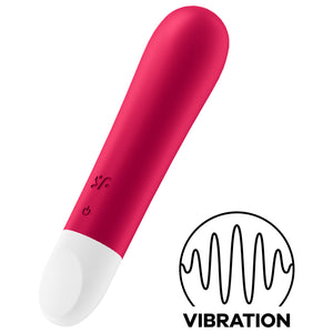 Front side view of the Satisfyer Ultra Power Bullet 1 Vibrator with the SF logo engraved on the lower left side on the product, and below is the power button. On the right side of the image is an icon for Vibration.