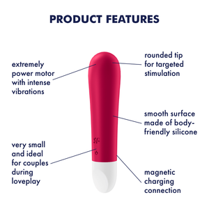 Satisfyer Ultra Power Bullet 1 Vibrator Product Features (clockwise): rounded tip for targeted stimulation (pointing to top of product); smooth surface made of body-friendly silicone (pointing to middle right on product); magnetic charging connection (pointing to lower back of product); very small and ideal for couples during loveplay (pointing to the controls on product); extremely power motor with intense vibrations (pointing to the top right tip on product).
