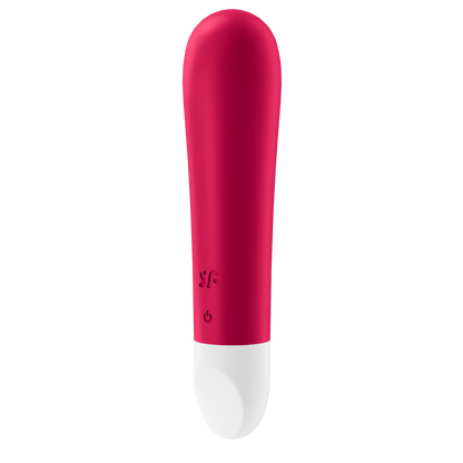 Front side of the Satisfyer Ultra Power Bullet 1 Vibrator with the SF logo engraved on the lower left side of the product, below is the power button.