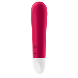Front side of the Satisfyer Ultra Power Bullet 1 Vibrator with the SF logo engraved on the lower left side of the product, below is the power button.