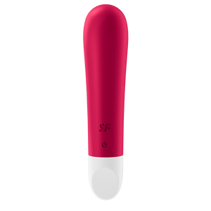 Front of the Satisfyer Ultra Power Bullet 1 Vibrator wit the SF logo engraved on the lower part of the product, and below is the power button.