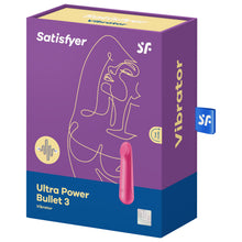 Load image into Gallery viewer, Front of the package from the top are the Satisfyer logos, on the left side is an icon for vibration, below is the name of the product Ultra Power Bullet 3 Vibrator, on the left side is the product, facing front side, and on the bottom right corner is a 15 year guarantee mark. On the right side of the package is written Vibrator, and tag sticking out from the back with the SF logo.