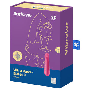 Front of the package from the top are the Satisfyer logos, on the left side is an icon for vibration, below is the name of the product Ultra Power Bullet 3 Vibrator, on the left side is the product, facing front side, and on the bottom right corner is a 15 year guarantee mark. On the right side of the package is written Vibrator, and tag sticking out from the back with the SF logo.