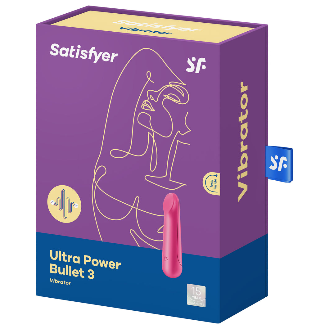 Front of the package from the top are the Satisfyer logos, on the left side is an icon for vibration, below is the name of the product Ultra Power Bullet 3 Vibrator, on the left side is the product, facing front side, and on the bottom right corner is a 15 year guarantee mark. On the right side of the package is written Vibrator, and tag sticking out from the back with the SF logo.