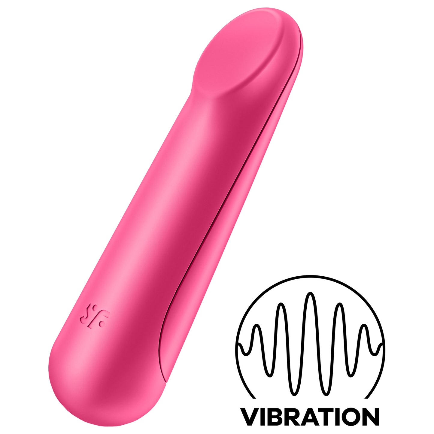 The Satisfyer Ultra Power Bullet 3 Vibrator facing front/top side, at the bottom of the product is engraved SF logo. On the bottom right of the image is an icon for Vibration.