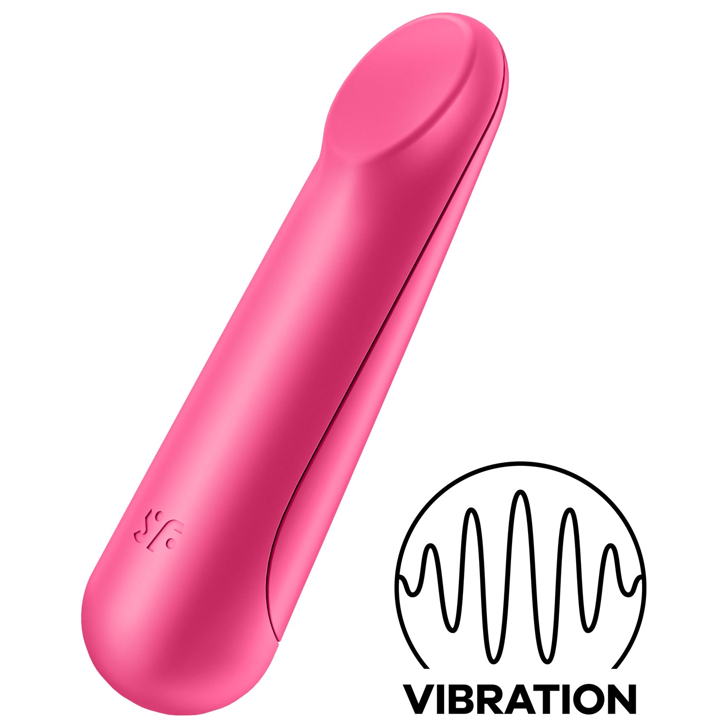 The Satisfyer Ultra Power Bullet 3 Vibrator facing front/top side, at the bottom of the product is engraved SF logo. On the bottom right of the image is an icon for Vibration.