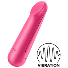 Load image into Gallery viewer, The Satisfyer Ultra Power Bullet 3 Vibrator facing front/top side, at the bottom of the product is engraved SF logo. On the bottom right of the image is an icon for Vibration.