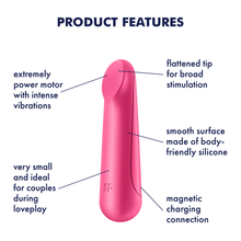 Load image into Gallery viewer, Satisfyer Ultra Power Bullet 3 Vibrator Product Features (clockwise): flattened top for broad stimulation (pointing to top tip on left side of product); smooth surface made of body-friendly silicone (pointing to material on left side of product); magnetic charging connection (pointing to lower back); very mall and ideal for couples during love play (pointing to lower handle); extremely power motor with intense vibrations (pointing to top tip of product).