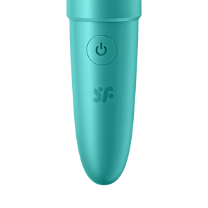Close up on front of the handle from the  Satisfyer Ultra Power Bullet 6 Vibrator with the power button visible on the top, and below is the SF logo.