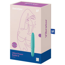 Load image into Gallery viewer, Front of the package from the top are the Satisfyer logos, on the left side is an icon for Vibration, below is the product name Ultra Power Bullet 6 Vibrator, on the right side is the product facing front side, with the controls and the SF logo visible to the left on the product, and below is the 15 year guarantee mark. On the right side is the name Vibrator and from the back is a tag sticking out with the SF logo.