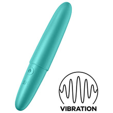 Charger l&#39;image dans la galerie, Front side view of the Satisfyer Ultra Power Bullet 6 Vibrator with the power button visoble on the top left on the handle, and below is the SF logo. On the bottom right of the image is an icon for vibration.