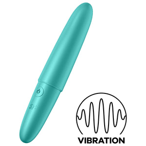 Front side view of the Satisfyer Ultra Power Bullet 6 Vibrator with the power button visoble on the top left on the handle, and below is the SF logo. On the bottom right of the image is an icon for vibration.
