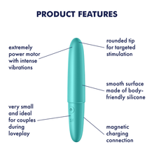 Load image into Gallery viewer,  Satisfyer Ultra Power Bullet 6 Vibrator Product Features (clockwise): rounded tip for targeted stimultion (pointing to top tip); smooth surface made of body-friendly silicone (pointing to upper material on product); magnetic charging connection (pointing to lower back); very small and ideal for couples during loveplay (pointing to front part of handle); extremely power motor with intense vibrations (pointing to upper part of product).